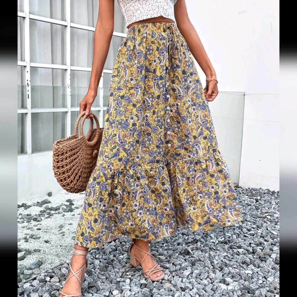 Floral & Paisley Print Tie Waist Skirt